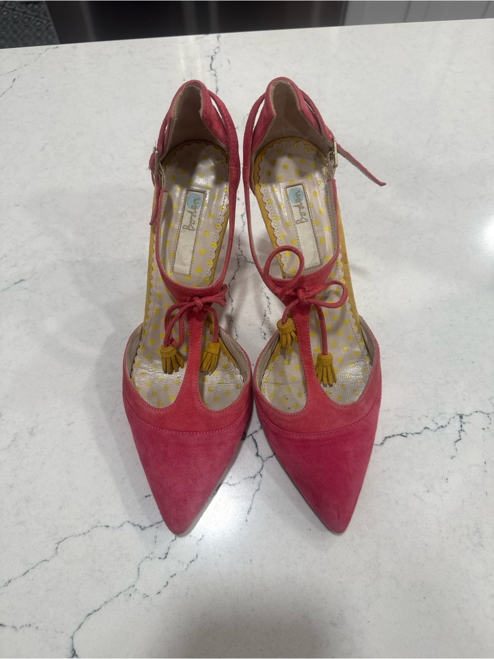 Boden “Alice” Pink Suede Ankle Strap Heels Yellow Tassels 7.5- 8 (38) - Picture 2 of 14